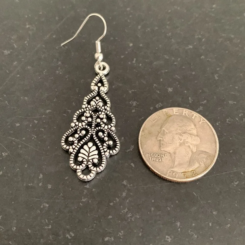 Silver Filigree Chandelier Scroll Earrings -  2” Long Drop in Silver Tone